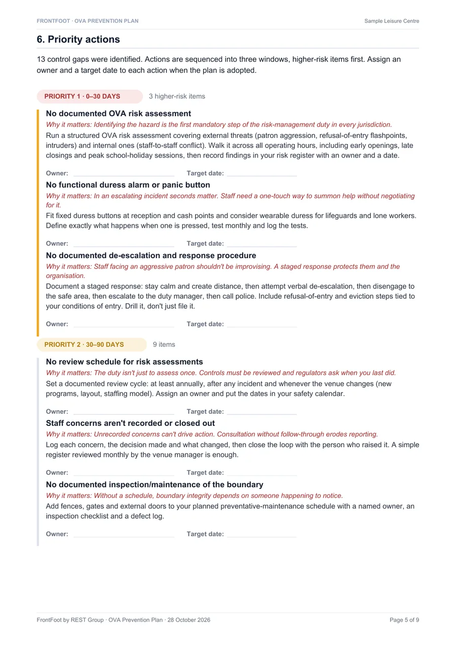 Sample plan priority actions page, each action with why it matters, how, owner and timeframe