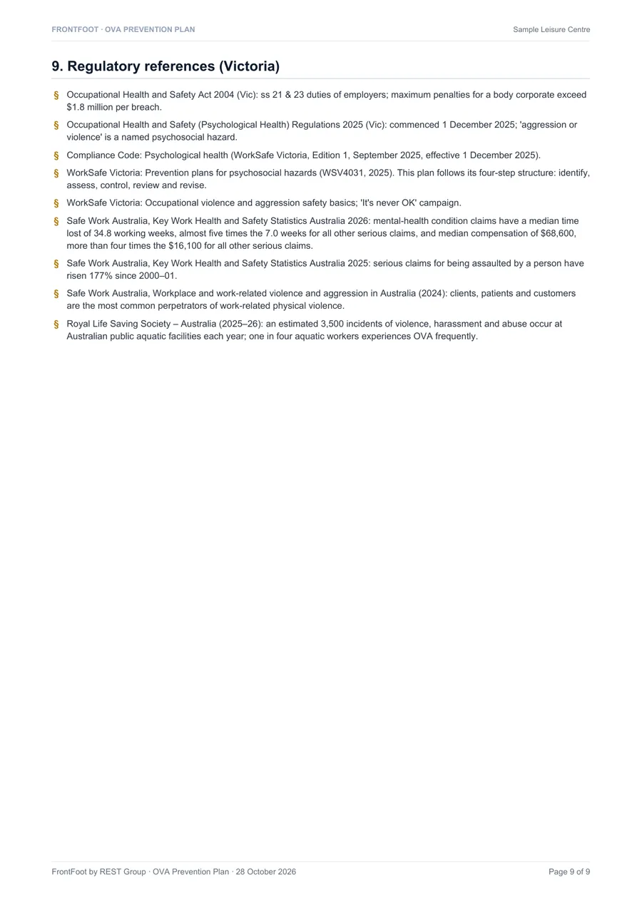 Sample plan regulatory references page